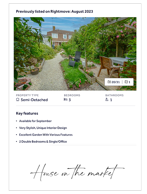 A property listing of a house with featured photo of back garden and information about listing