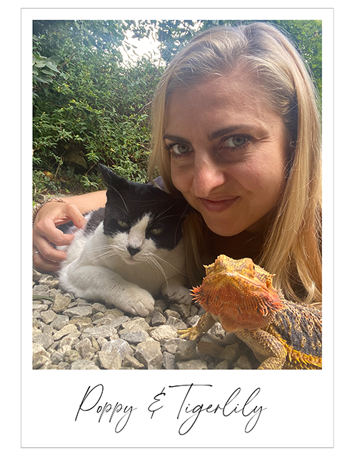 Close up of blonde woman, a black and white cat and bearded dragon in a polaroid frame